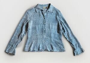 Caslon Size Petite S 100% Silk Blouse Blue Old Money Ruffle Sleeve Buttons